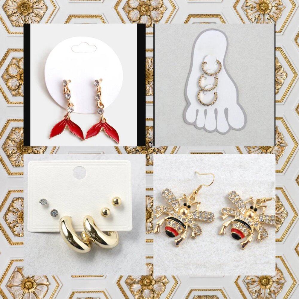Bundle of 4 Red & Gold Themed Earrings & Toe Ring Set
